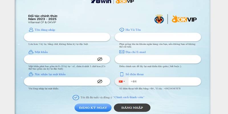 Nội dung cần điền để đăng ký 78Win